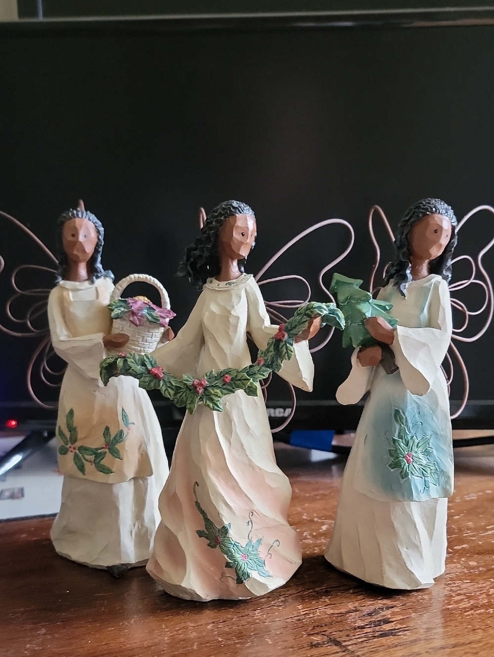 Handcrafted Resin Angel Trio Figurines in Ivory with Green Accents By Ganz